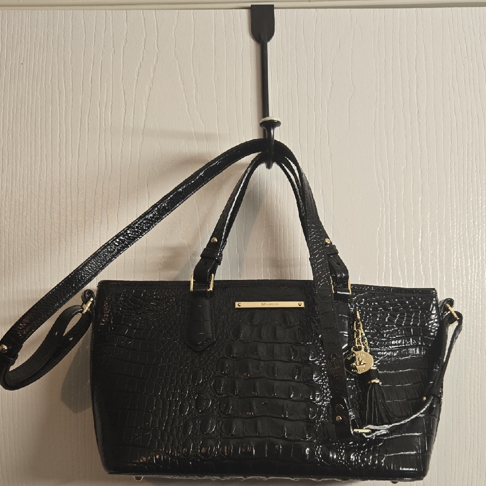 Brahmin Black Asher Satchel Crocodile-Embossed Leather